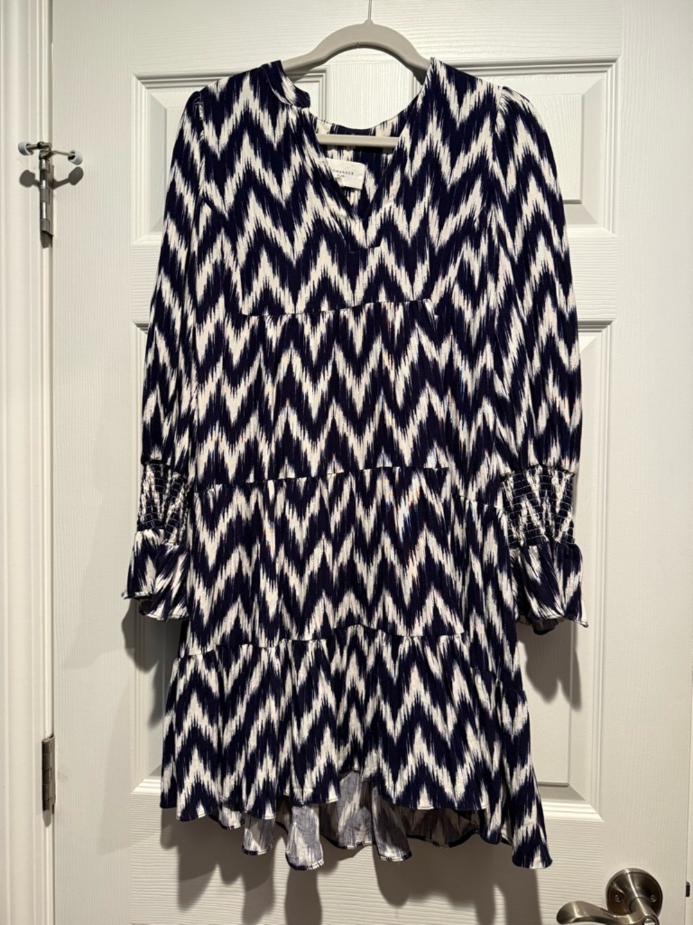 Pomander Place Navy and White Zigzag Tiered Long Sleeve Dress